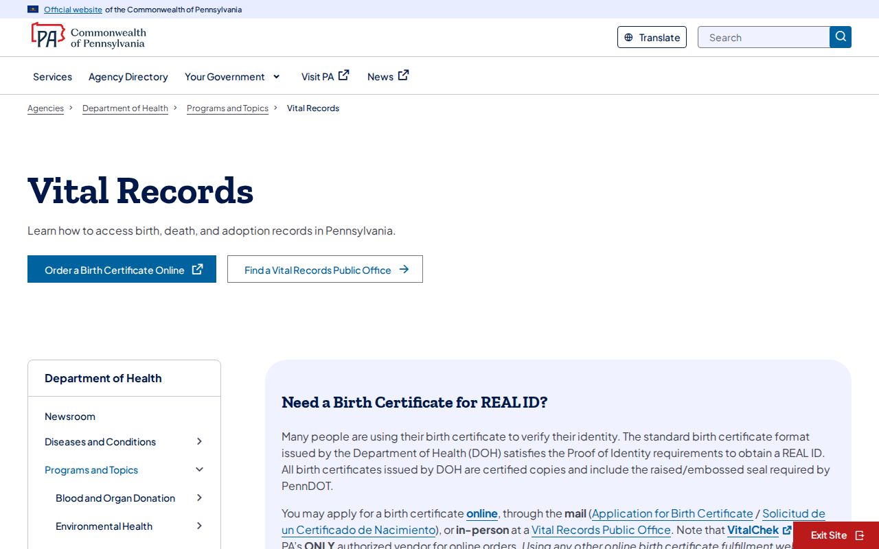 Upper Moreland Township resident lookup vital records access through Pennsylvania Vital Records