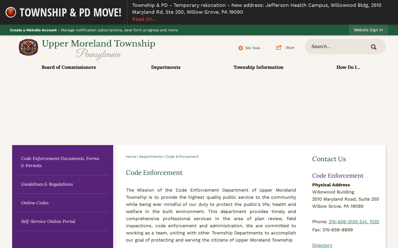 Upper Moreland Township street directory Code Enforcement property record access